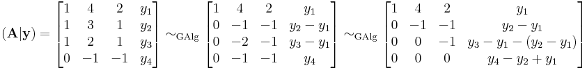 (\mathbf{A}|\mathbf{y})=\begin{bmatrix}
1 & 4 & 2 & y_1\\
1 & 3 & 1 & y_2\\
1 & 2 & 1 & y_3\\
0 & -1& -1 & y_4
\end{bmatrix}\sim_\mathrm{GAlg}
\begin{bmatrix}
1 & 4 & 2 & y_1\\
0 & -1 & -1 & y_2-y_1\\
0 & -2 & -1 & y_3-y_1\\
0 & -1& -1 & y_4
\end{bmatrix}\sim_\mathrm{GAlg}
\begin{bmatrix}
1 & 4 & 2 & y_1\\
0 & -1 & -1 & y_2-y_1\\
0 & 0 & -1 & y_3-y_1-(y_2-y_1)\\
0 & 0& 0 & y_4-y_2+y_1
\end{bmatrix}