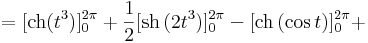 =[\mathrm{ch}(t^3)]_0^{2\pi}+\frac{1}{2}[\mathrm{sh}\,(2t^3)]_0^{2\pi}-[\mathrm{ch}\,(\cos t)]_0^{2\pi}+