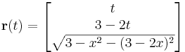 \mathbf{r}(t)=\begin{bmatrix} t\\ 3-2t\\ \sqrt{3-x^2-(3-2x)^2} \end{bmatrix}