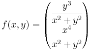 f(x,y)=\begin{pmatrix}
\cfrac{y^3}{x^2+y^2} \\
\cfrac{x^4}{x^2+y^2}
\end{pmatrix}