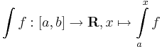 \int f:[a,b]\to \mathbf{R}, x\mapsto\int\limits_{a}^xf\,
