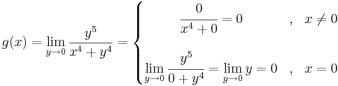 g(x)=\lim\limits_{y\to 0}\frac{y^5}{x^4+y^4}=\left\{\begin{matrix}\cfrac{0}{x^4+0}=0 &,& x\ne 0\\
\\
\lim\limits_{y\to 0}\cfrac{y^5}{0+y^4}=\lim\limits_{y\to 0}y=0 &,& x= 0
\end{matrix}\right.
