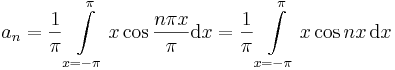 a_n=\frac{1}{\pi}\int\limits_{x=-\pi}^\pi x\cos\frac{n\pi 
x}{\pi}\mathrm{d}x=\frac{1}{\pi}\int\limits_{x=-\pi}^\pi x\cos 
nx\,\mathrm{d}x