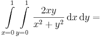 \int\limits_{x=0}^{1}\int\limits_{y=0}^{1}\frac{2xy}{x^2+y^2}\,\mathrm{d}x\,\mathrm{d}y=