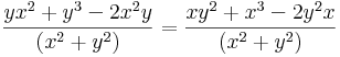 \frac{yx^2+y^3-2x^2y}{(x^2+y^2)}=\frac{xy^2+x^3-2y^2x}{(x^2+y^2)}