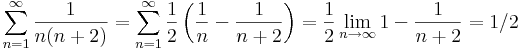 \sum\limits_{n=1}^{\infty}\frac{1}{n(n+2)}=\sum\limits_{n=1}^{\infty}\frac{1}{2}\left(\frac{1}{n}-\frac{1}{n+2}\right)=\frac{1}{2}\lim\limits_{n\to \infty}1-\frac{1}{n+2}=1/2