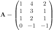 \mathbf{A}=\begin{pmatrix}
1 & 4 & 2\\
1 & 3 & 1\\
1 & 2 & 1\\
0 & -1& -1
\end{pmatrix}