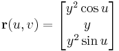 \mathbf{r}(u,v)=\begin{bmatrix} y^2\cos u\\ y\\ y^2\sin u \end{bmatrix}