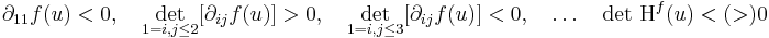 \partial_{11}f(u)<0,\quad \det\limits_{\scriptstyle{1=i,j\leq 2}}[\partial_{ij}f(u)]>0,\quad  \det\limits_{\scriptstyle{1=i,j\leq 3}}[\partial_{ij}f(u)]<0,\quad \dots \quad \det\,\mathrm{H}^f(u)<(>)0