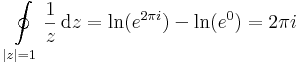 \oint\limits_{|z|=1} \frac{1}{z}\,\mathrm{d}z=\mathrm{ln}(e^{2\pi i})-\mathrm{ln}(e^{0})=2\pi i\,
