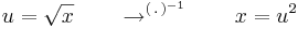 u=\sqrt{x}\quad\quad\to^{(\,.\,)^{-1}}\quad\quad x=u^2