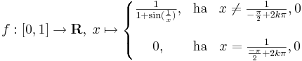 f:[0,1]\to \mathbf{R},\;x\mapsto\left\{\begin{matrix}\frac{1}{1+\sin(\frac{1}{x})}, & \mathrm{ha} & x\ne \frac{1}{-\frac{\pi}{2}+2k\pi},0\\\\ 0, & \mathrm{ha} & x= \frac{1}{\frac{-\pi}{2}+2k\pi},0\end{matrix}\right.