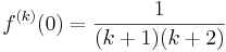 f^{(k)}(0)=\frac{1}{(k+1)(k+2)}