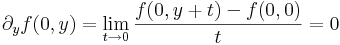 \partial_yf(0,y)=\lim\limits_{t\to 0}\frac{f(0,y+t)-f(0,0)}{t}=0