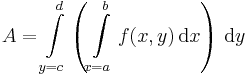 A=\int\limits_{y=c}^d\left(\int\limits_{x=a}^b f(x,y)\,\mathrm{d}x\right)\,\mathrm{d}y