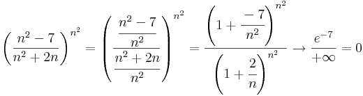
\left(\frac{n^2-7}{n^2+2n}\right)^{n^2}=\left(\frac{  \cfrac{n^2-7}{n^2}}{\cfrac{n^2+2n}{n^2}  }\right)^{n^2}=\frac{\left(1+ \cfrac{-7}{n^2} \right)^{n^2}}{\left(1+ \cfrac{2}{n}\right)^{n^2}}\to \frac{e^{-7}}{+\infty}= 0

