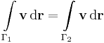 \int\limits_{\Gamma_1}\mathbf{v}\,\mathrm{d}\mathbf{r}=\int\limits_{\Gamma_2}\mathbf{v}\,\mathrm{d}\mathbf{r}
