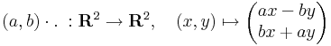 (a,b)\cdot.\;:\mathbf{R}^2\to\mathbf{R}^2,\quad(x,y)\mapsto\begin{pmatrix}ax - by\\bx + ay\end{pmatrix}