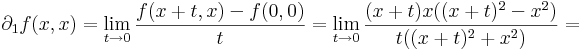 \partial_1f(x,x)=\lim\limits_{t\to 0}\frac{f(x+t,x)-f(0,0)}{t}=\lim\limits_{t\to 0}\frac{(x+t)x((x+t)^2-x^2)}{t((x+t)^2+x^2)}=