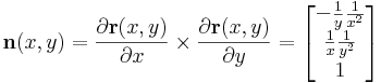\mathbf{n}(x,y)=\frac{\partial\mathbf{r}(x,y)}{\partial x}\times\frac{\partial\mathbf{r}(x,y)}{\partial y}=\begin{bmatrix}-\frac{1}{y}\frac{1}{x^2}\\\frac{1}{x}\frac{1}{y^2}\\ 1\end{bmatrix}