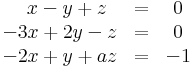 \begin{matrix}
\;\;\,x-y+z& = & 0\\
-3x+2y-z & = & 0\\
-2x+y+az & = & -1
\end{matrix}
