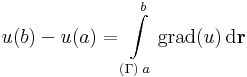 u(b)-u(a)=\int\limits_{(\Gamma)\;a}^{b}\mathrm{grad}(u)\,\mathrm{d}\mathbf{r}