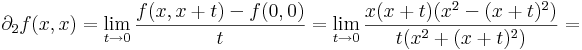 \partial_2f(x,x)=\lim\limits_{t\to 0}\frac{f(x,x+t)-f(0,0)}{t}=\lim\limits_{t\to 0}\frac{x(x+t)(x^2-(x+t)^2)}{t(x^2+(x+t)^2)}=