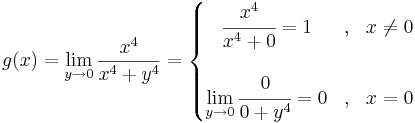 g(x)=\lim\limits_{y\to 0}\frac{x^4}{x^4+y^4}=\left\{\begin{matrix}\cfrac{x^4}{x^4+0}=1 &,& x\ne 0\\
\\
\lim\limits_{y\to 0}\cfrac{0}{0+y^4}=0 &,& x= 0
\end{matrix}\right.
