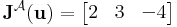 \mathbf{J}^\mathcal{A}(\mathbf{u})=\begin{bmatrix}2 & 3 & -4\end{bmatrix}